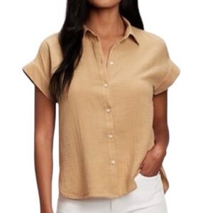 Gap Crinkle Gauze Short Sleeve Button Front Cotton Shirt Tan Women Size S
